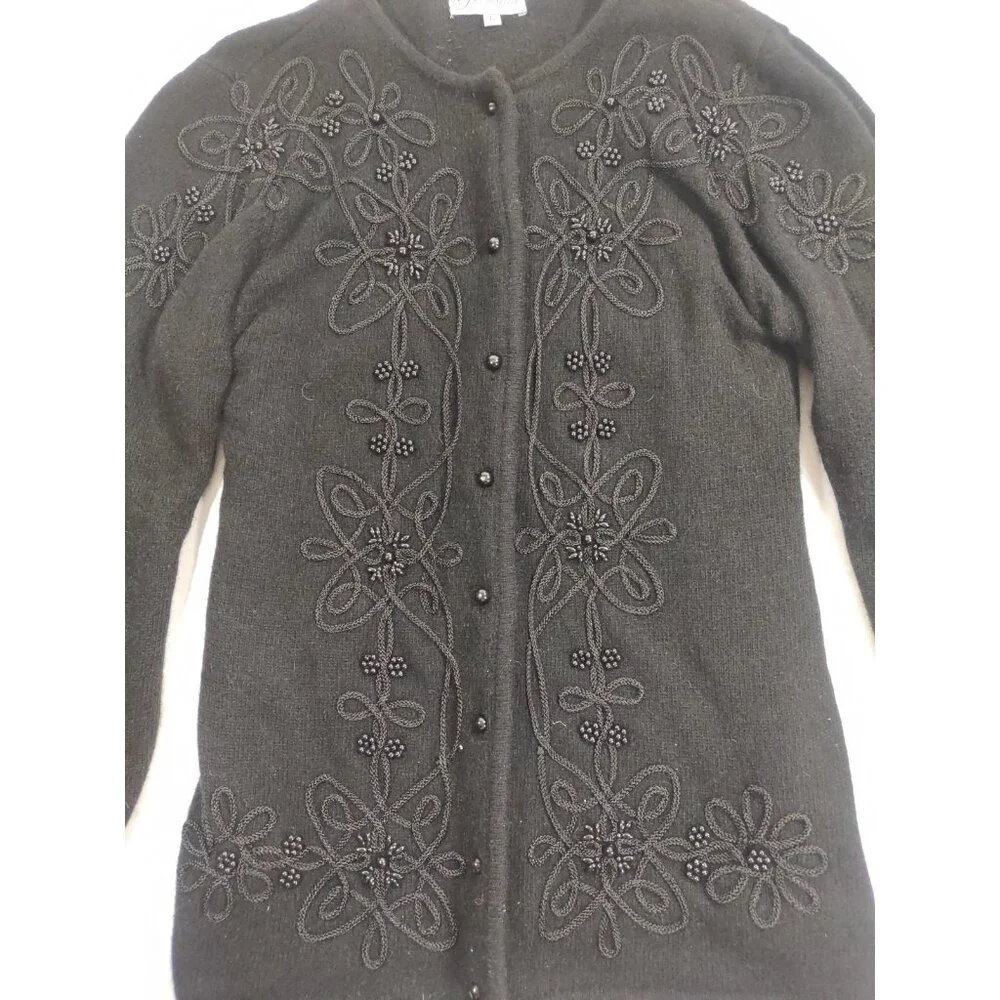 VTG Germaine Women's Beaded Embellished Black Cardigan Jacket Lambswool Angora L - Picture 4 of 5